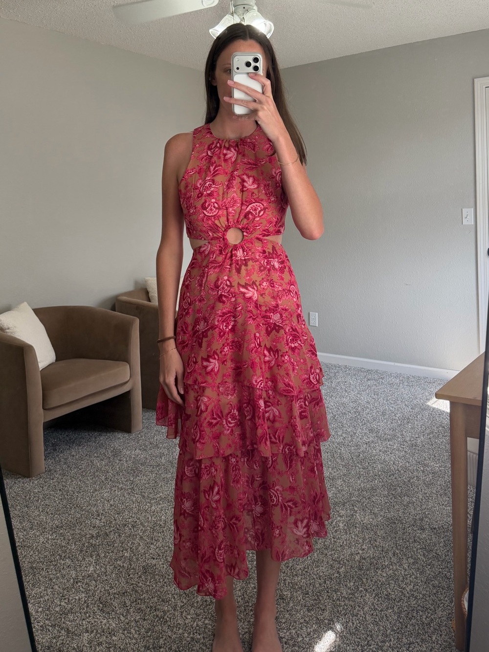 Women’s Pink Floral Cutout Tiered Dress